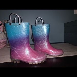 Multi color rain boots.